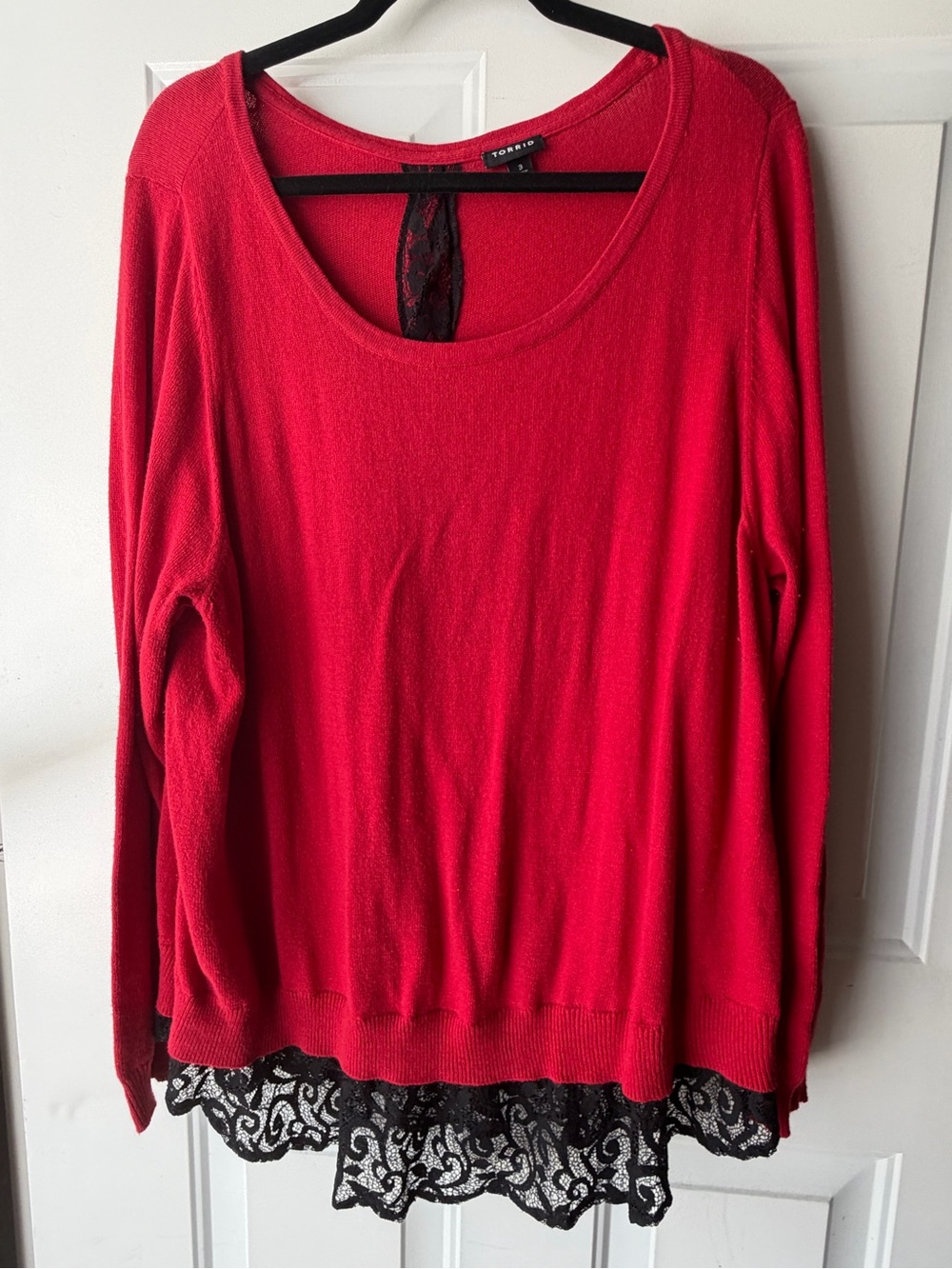 Torrid 3X Bright Red Sweater with Black Lace Hem